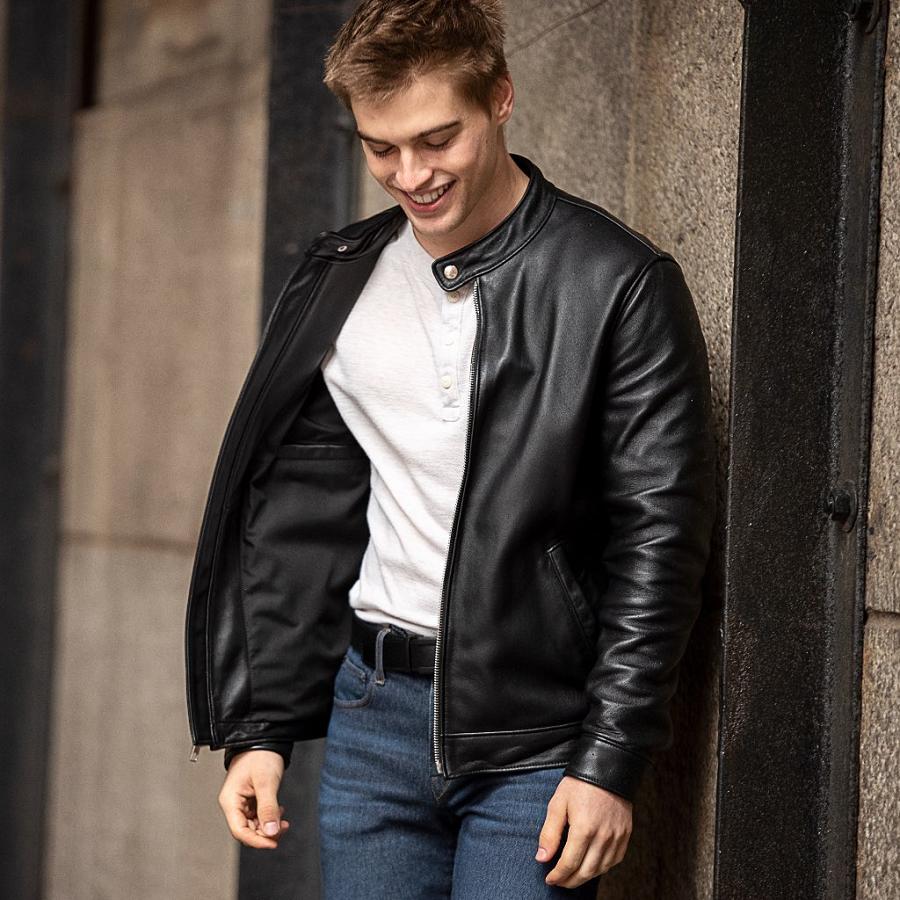 Men's Thursday Racer Leather Jackets Black | CA271WNB