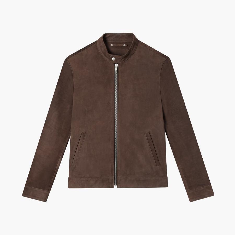 Men's Thursday Racer Leather Jackets Coffee | CA270EBC