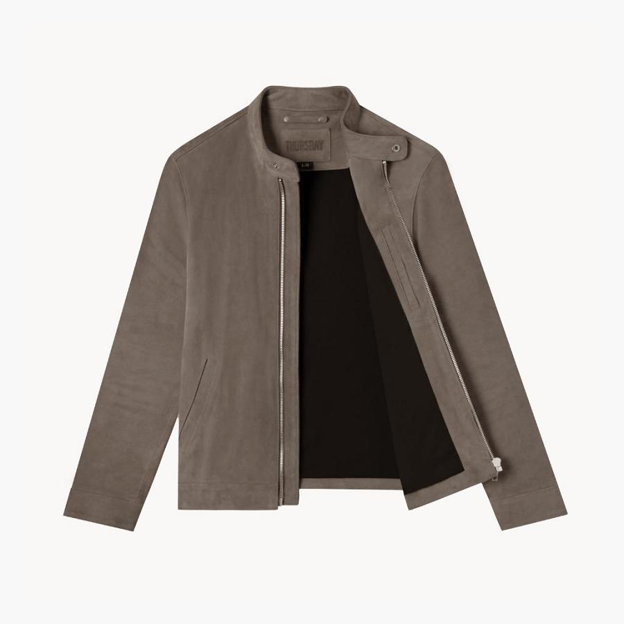 Men's Thursday Racer Suede Jackets Taupe | CA273MQZ