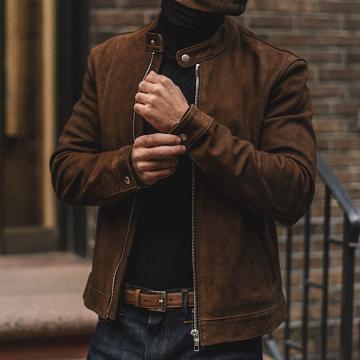 Men's Thursday Racer Leather Jackets Coffee | CA270EBC